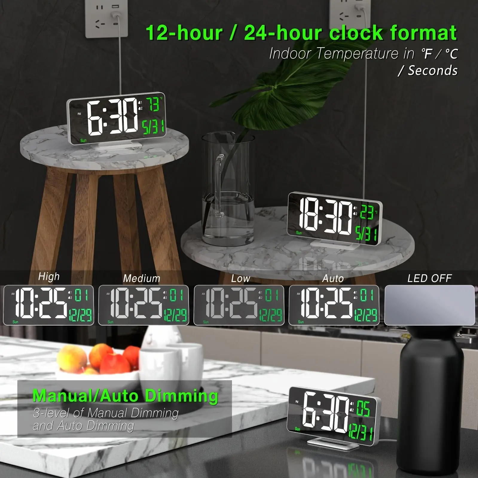 1pc 6.7" Portable Digital Alarm Clock for Bedroom Decor & Desk - Mirror LED Device with Dual Alarms, Seconds, Date, Week, 12/24h Dimming Function (Home Supplies Home Decor), Portable Digital Alarm Clocks