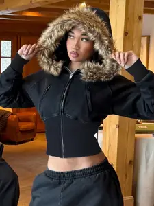 Women's Y2K Vintage Streetwear Casual Fitted Hooded Jacket, Fleece Lined Zipper Jacket, Autumn Winter Long-Sleeve Outerwear Coats