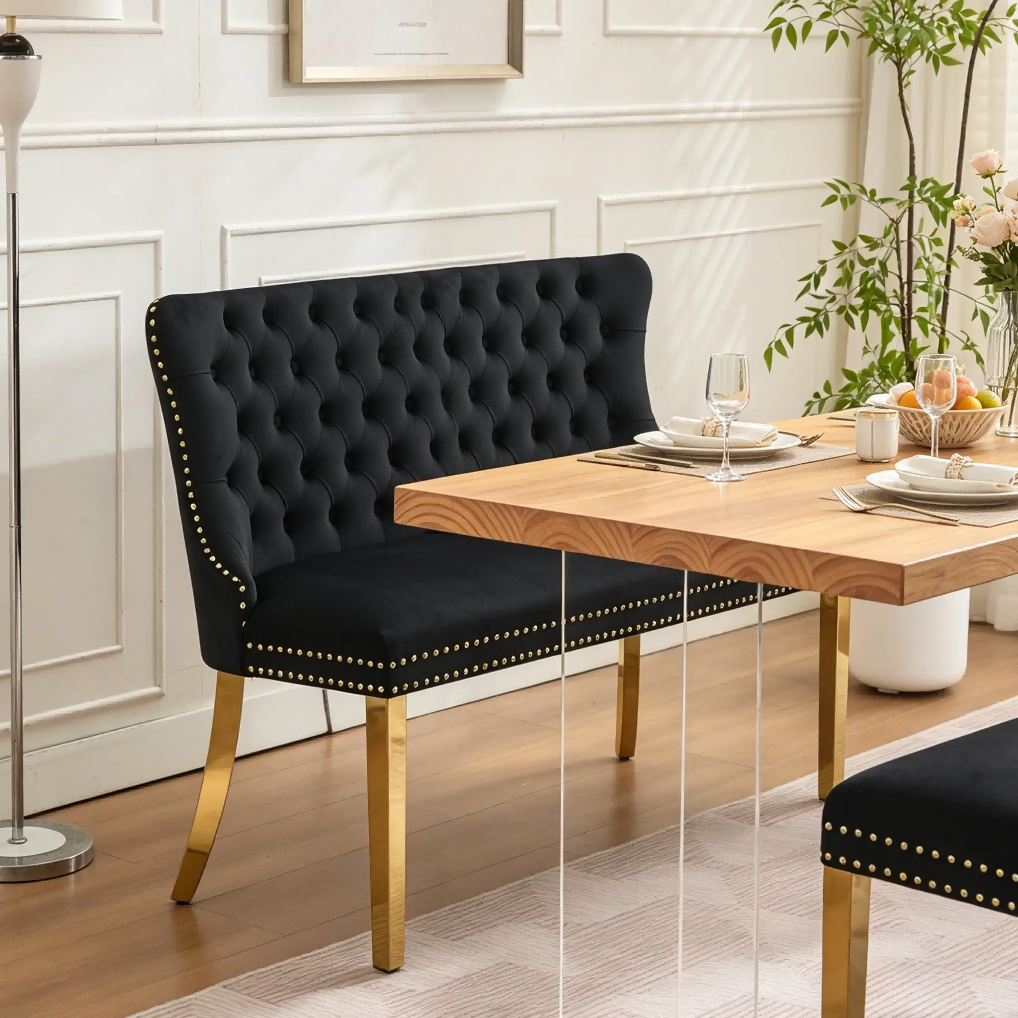 45.6" Wide Velvet Double Dining Loveseat Bench, 2-Seat Tufted Bench with Wing Back, Gold-Plated Legs