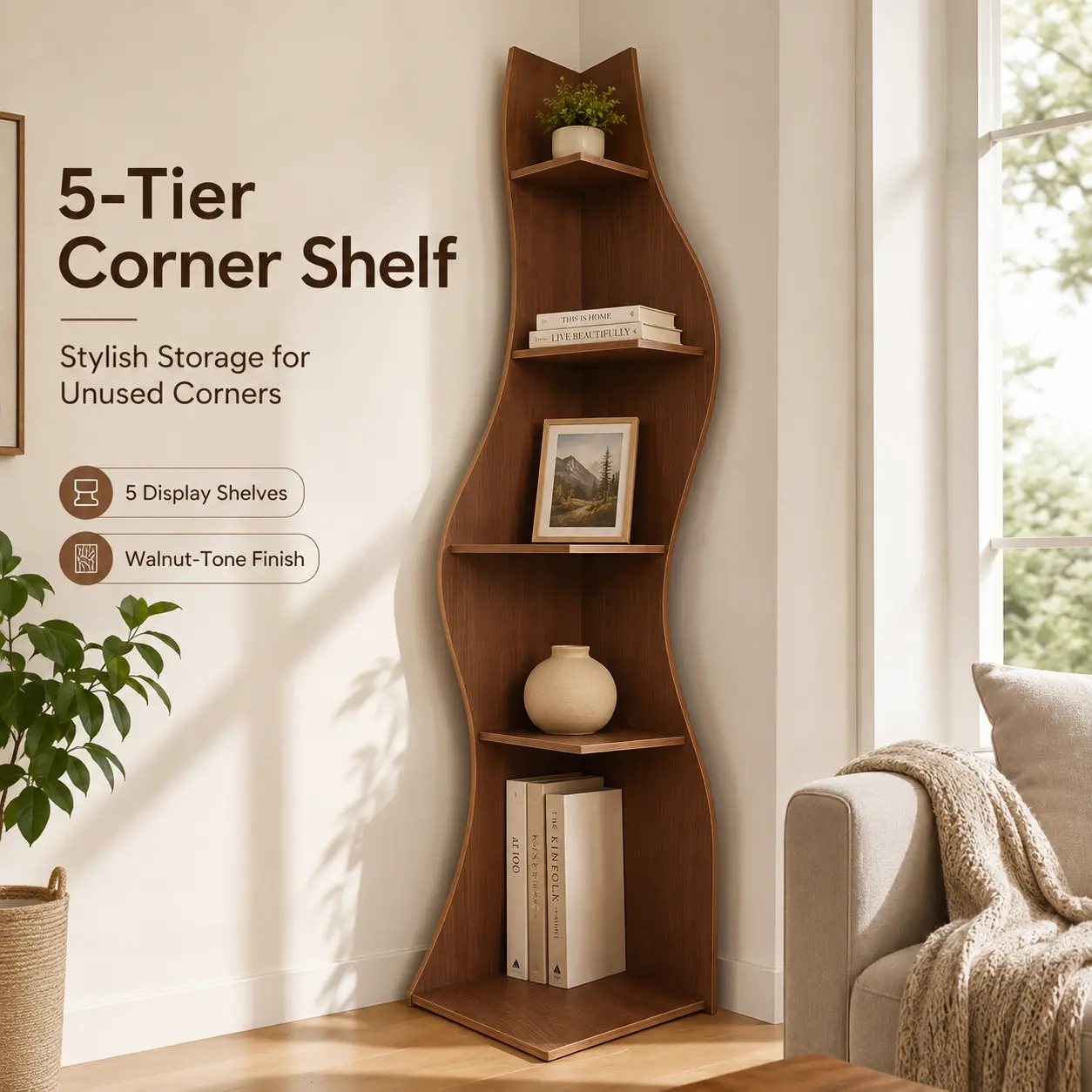 5-tier corner shelving unit, white PVC floor-standing bookshelf, ideal for home offices, living rooms, bedrooms, and corners as a freestanding display and storage unit; perfect for displaying books, plants, and decorative items