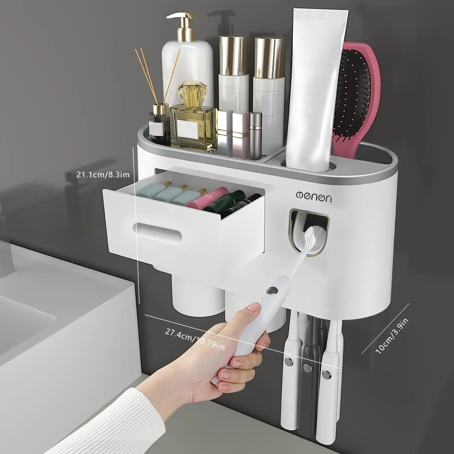 Modern Durable Wall-Mounted Toothbrush Holder, Space-Saving Bathroom Organizer with Concealed Storage Drawer and Multiple Sections for Toothbrushes & Other Items