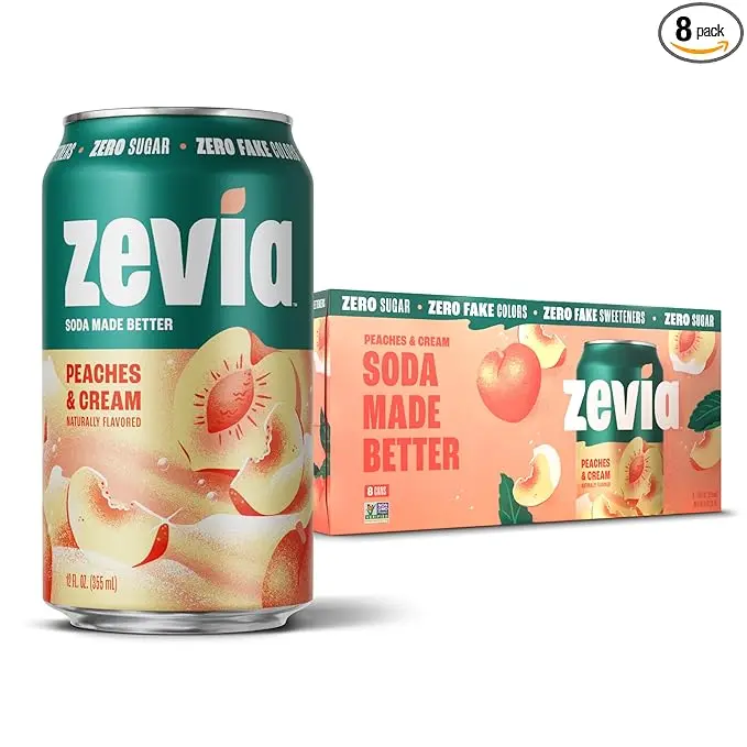 Zevia Peaches & Cream Calorie-Free Fizzy Drink, 8-Pack 12 oz Cans, Stevia-Sweetened, Caffeine-Free, Vegan Vanilla Beverage Sugar Natural