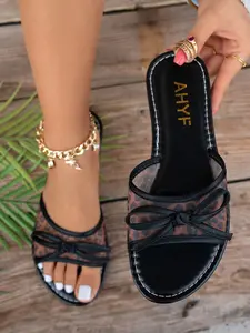 Leopard Print Mesh Bow Flat Sandals, Casual One-Strap Slip-On Shoes, Comfortable Slimming Women's Footwear for Daily Use, Casual Summer Sandals