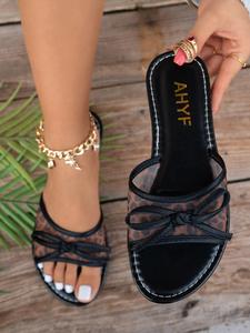Leopard Print Mesh Bow Flat Sandals, Casual One-Strap Slip-On Shoes, Comfortable Slimming Women's Footwear for Daily Use