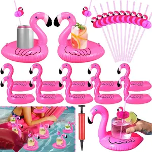 20 Pcs Flamingo Inflatable Drink Holder Set with Manual Pump Cute Flamingo Floats Coaster with Straws Swimming Pool Float Coasters Beverage Cans Coke Cups Holder for Hawaii Party
