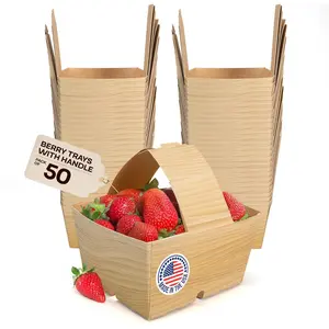 IDL Packaging 3-Pint Berry Baskets with Handles, Wood Grain Print (Pack of 50) – USA-Made, Durable Food-Safe Cardboard Berry Trays for Fruits & Veggies – Perfect for Farmers Markets & Grocery Displays