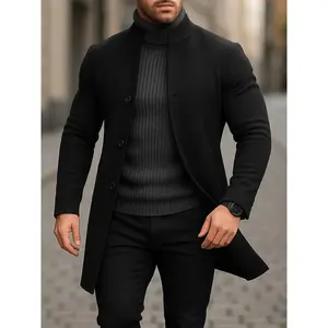 Men’s solid button-front stand-collar coat, formal overcoat, regular fit casual long-sleeve outerwear for fall and winter, men’s clothing for daily wear GARMENTARY