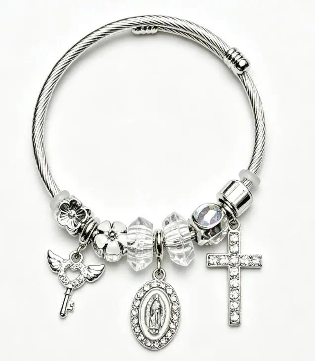 Silver Faith-Themed Charm Bracelet with Angel Key, Virgin Mary Medallion and Cross Pendant