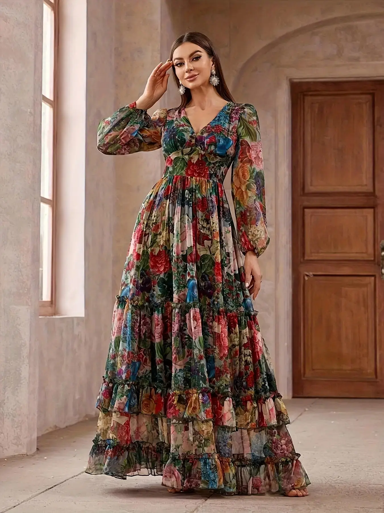 V Neck Cake Dress, Long Sleeve Multi-Layer Ruffle Sheer Long Dress, Boho Style Formal Party Evening Gown, Colorful Midi Skirt for Women