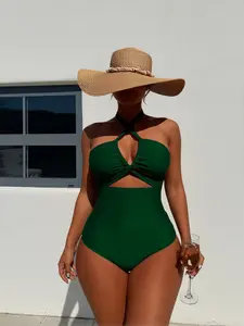 Halter Push Up Green One Piece Swimsuit, High Waist Tummy Control Monokini Bathing Suit, Solid Slim Swimwear For Women Beach Vacation