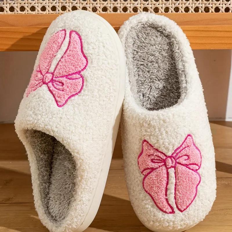 Women's Bowknot Slippers - Winter Warm Fuzzy Slip-On House Shoes with Cute Bow and Cartoon Pattern - Footwear, Walking Shoes