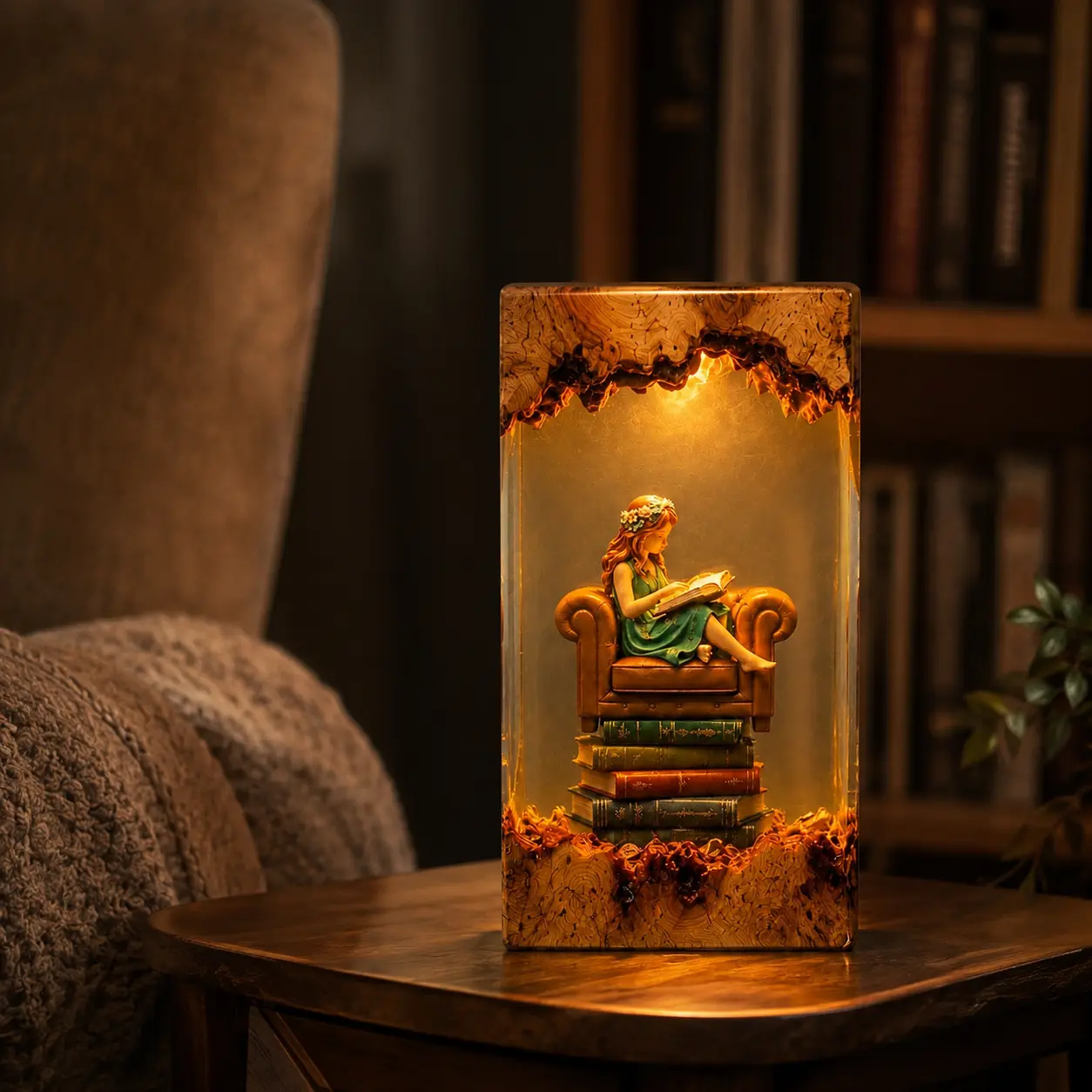 Reading Girl Resin Lamp, Handmade Book Lover Resin Art, Mini Library Diorama, Epoxy Resin Decorative Lamp, Wooden Base Home Decor, Book Reading Sculpture, Cozy Desk Decoration, Collectible Artwork, Gift for Book Lovers