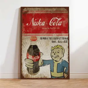 Vintage Fallout Nuka-Cola Canvas Wall Art - Retro Weathered Gaming Poster with Optional Wood Frame, Cool Vault Boy Decor Gift for Gamers & Man Cave