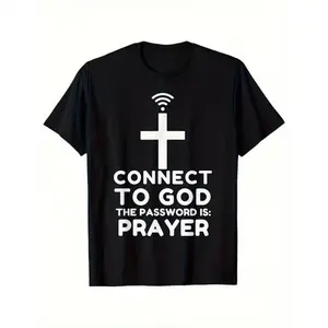 Connect God Code is Prayer Religious t-shirt with symbol and cross-Light everyday church shirt unisex-four seasons casual wear-black background white letter-2026 summer short-