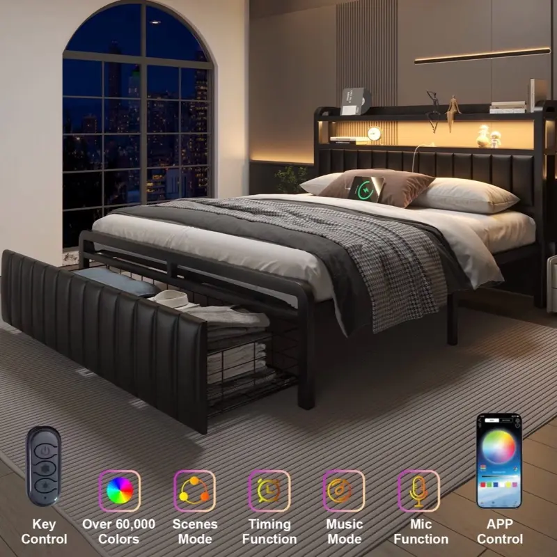 Full Queen LED Bed Frame with Charging Station&Upholstered Storage Headboard