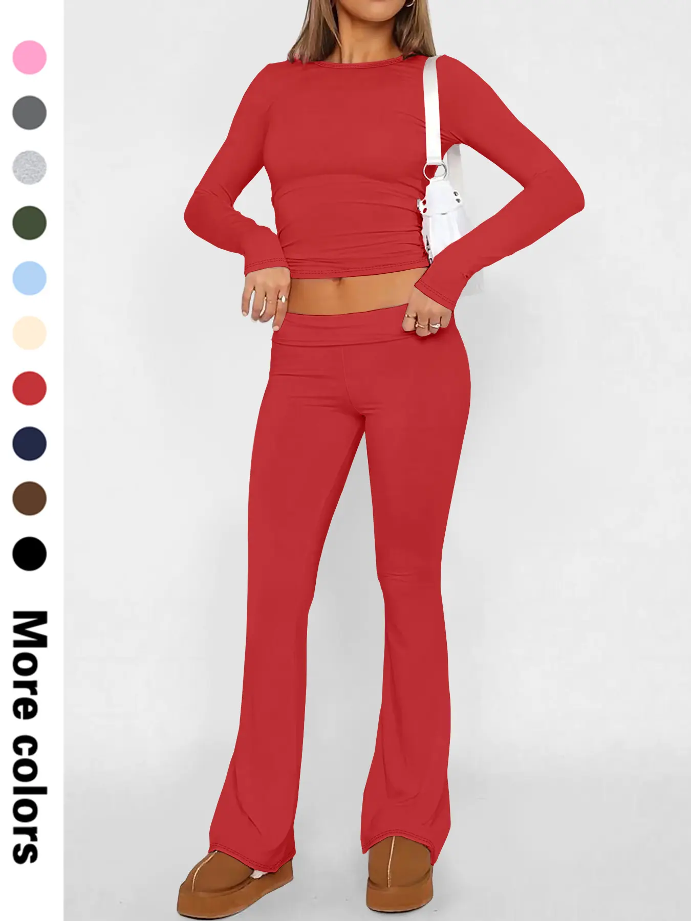 Women's Casual Fitted Long Sleeve Cropped Top & Flared Pants Set, Clothes, Womenswear Spring & Fall Fashion, Thin Knit Fabric, Available in 10 Colors