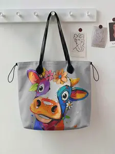 2D Cow Print Drawstring Tote Bag, Large Capacity Durable Shopping Bag, Casual Commuter Bag for Work, Casual Outings, and Picnics