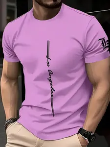 Men's Street Style Streetwear, Digital Print T-Shirt, Los Angeles Pattern Design, Regular Fit Round Neck, Summer Casual Top