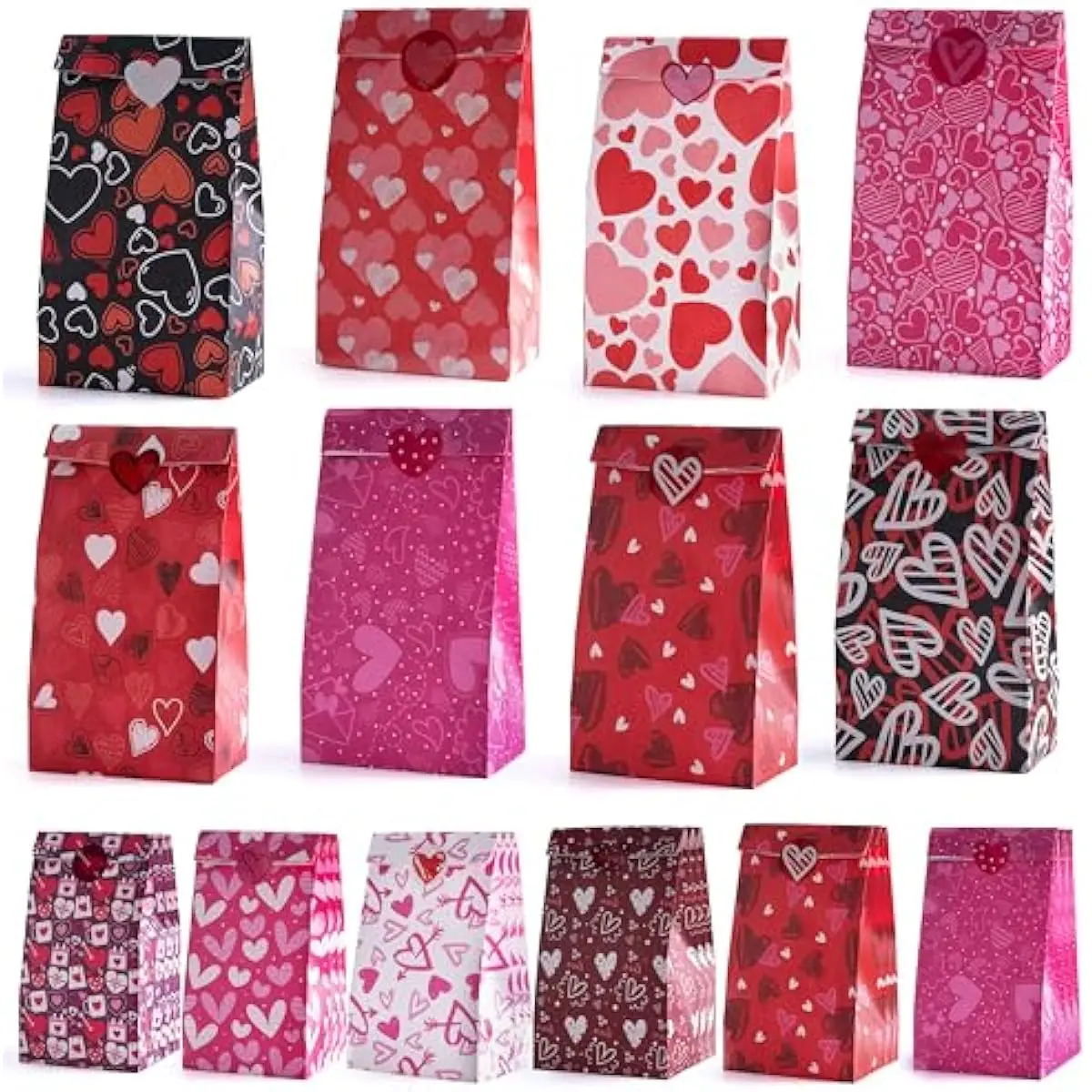 48 Pcs Valentines Day Paper Gift Bags, 9.5" Goodie Bags ,Treat Bag with Love Sticker for Valentine Party Favors Gifts, Wedding Gift ,Giving Gift Wrapping Birthday,Classroom Exchange Prizes