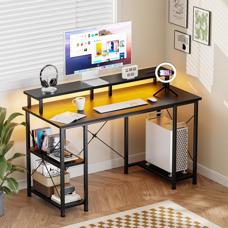 48 inch Gaming Desk with LED Lights & Power Outlets, Computer Desk with Monitor Stand & Storage Shelves, CPU Stand, Home Office Desk