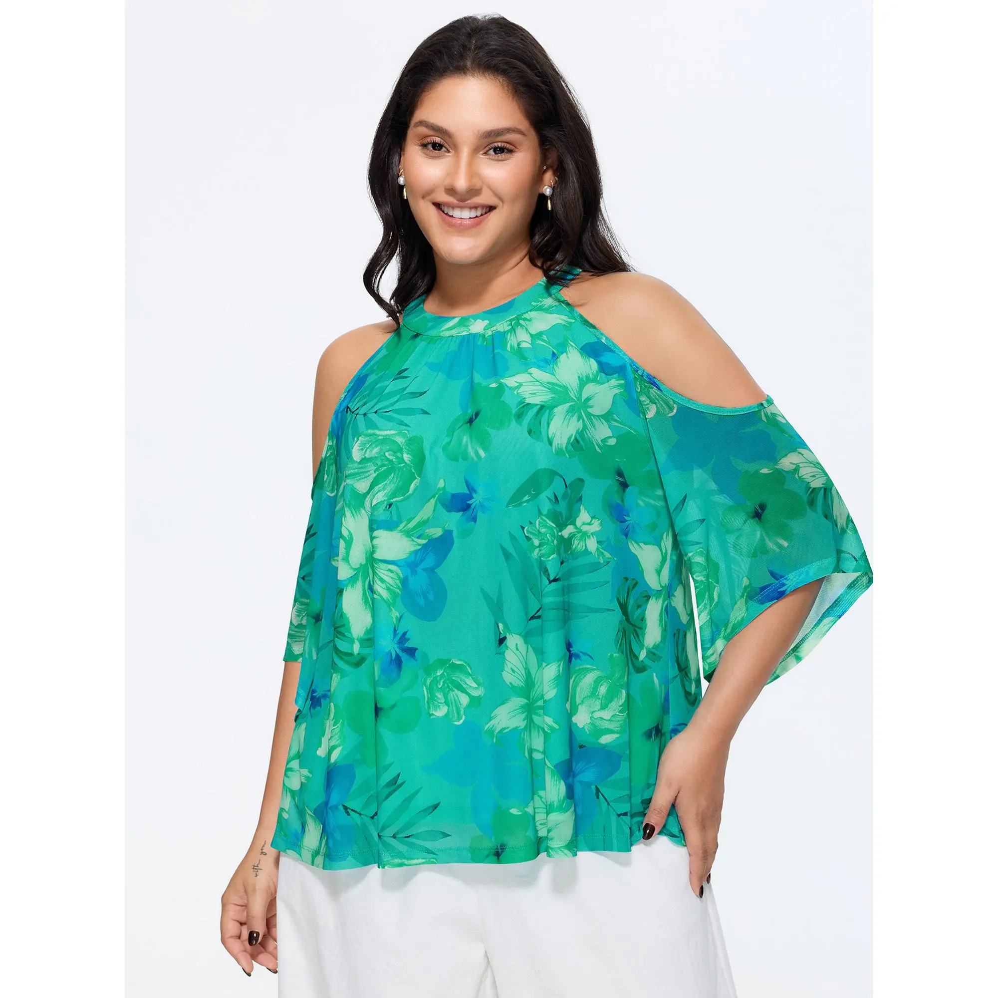 BLOOMCHIC Plus Size Stretchy Floral Print Cold-Shoulder Blouse [M-6X] - 2026 Summerfinds, Polyester Blend, 3/4 Flutter Sleeve, Regular Length, Stretchy Cut, Cold Shoulder Blouses & Shirts, Hand Wash Only, Do Not Dry Clean, Sizes 14-16