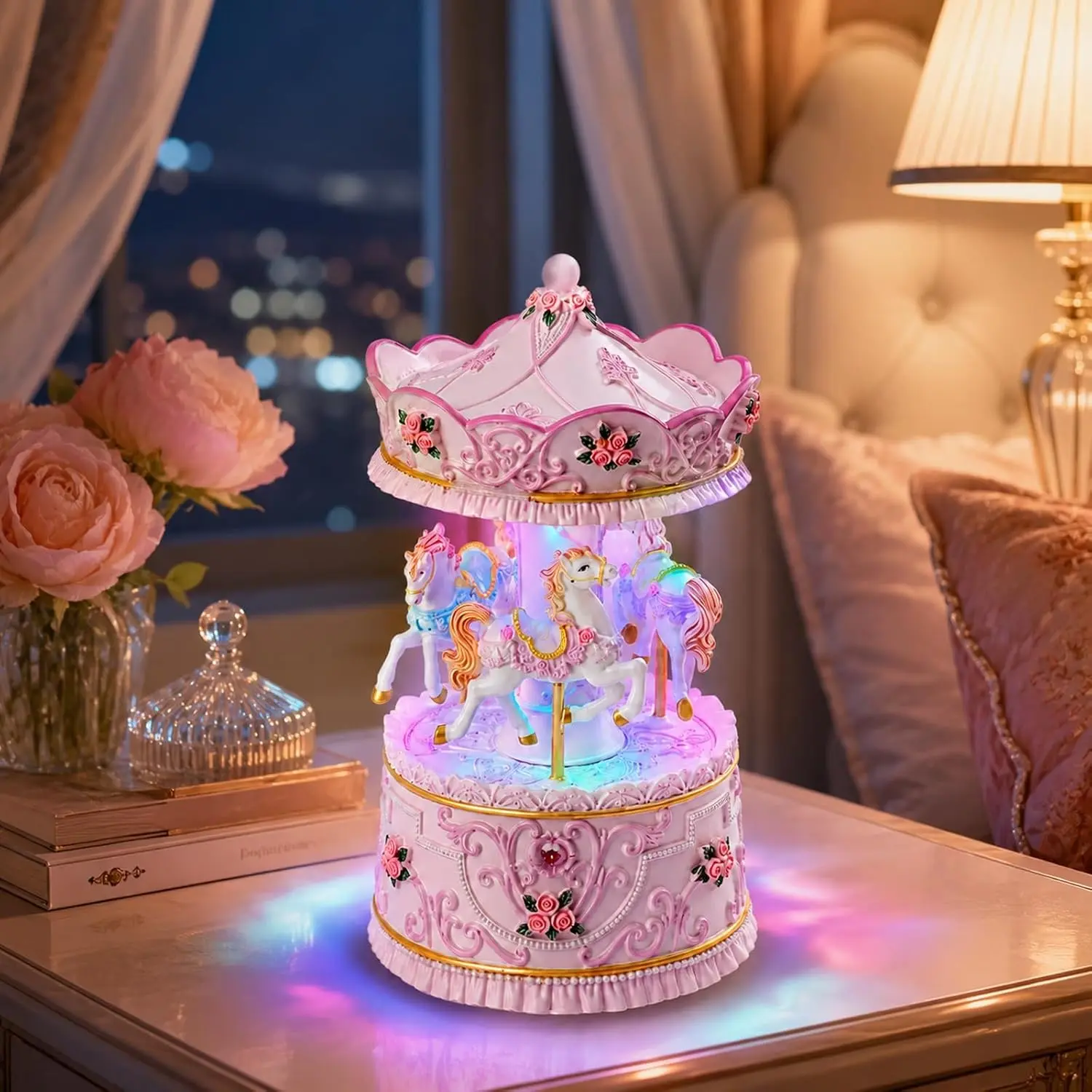 Carousel Music Box with Lights, Wind-Up 3-Horse Musical Carousel Playing You are My Sunshine, Hand-Painted Resin Keepsake for Daughter, Granddaughter, Girls and Women