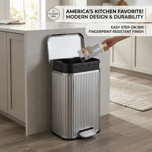 Garvee Modern Fluted Design Indoor Recycling Bin - Stainless Steel Kitchen Trash Can with Step Pedal Soft-Close Lid Removable Inner Bucket - Ideal for Home Office Living Room