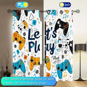 2 Piece Gaming Controller Graffiti Curtains, Semi-Opaque Polyester Fabric, Rod Pocket Design, Home Decor, Bedroom & Living Room, Window Curtain