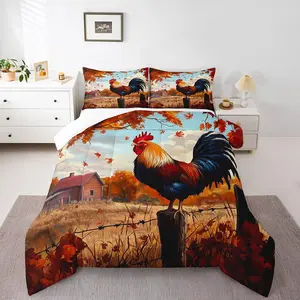 Rooster Down Comforter,Fall Maple Leaf Bedding Set,Rustic Farm Chicken Comforter Set,Farmhouse Cock Animals Quilt Set,Room Decor