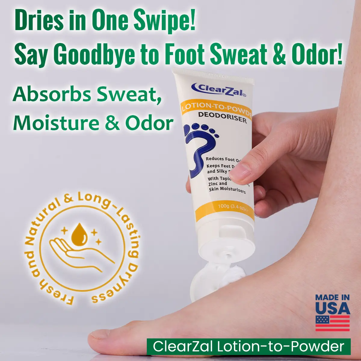 ClearZal Lotion-To-Powder Deodoriser , hyperhidrosis recommended solution to stop sweaty, smelly feet, Helps prevent blisters, Great for hyperhidrosis 3.4oz