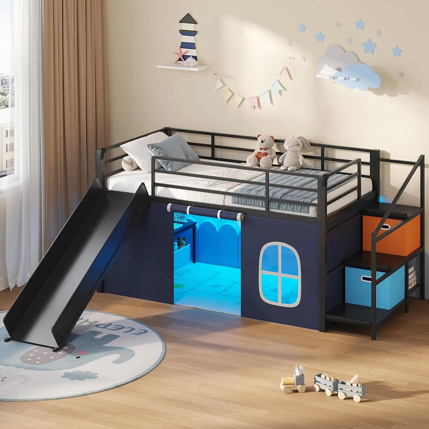 Sikaic Twin Size Low Loft Bed with Slide, Storage Stairs, Metal Loft Bed with LED Lights, Under-Bed Space, Built-In Desk, 2 Drawers, Black Christmas Gifts [TiktokShopFallDealsForYou]
