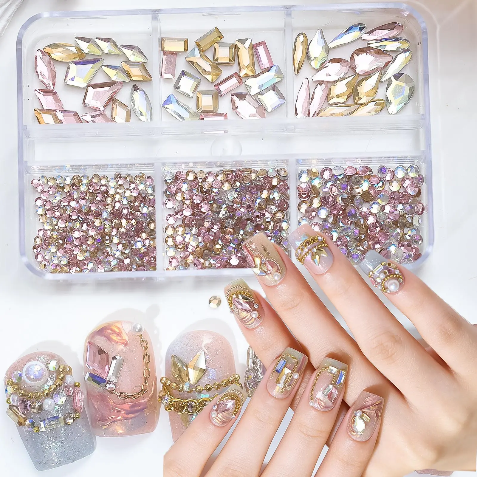 6Grid Iridescent Special-shaped Diamond Nail Rhinestone Teardrop Square Nail Diamond Sparkling Glass Round Diamonds Nail Crystal