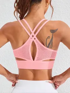 Women's Summer Hollow-Out Removable Padding Knit High Elastic Strappy Sports Bra, Adjustable Straps, Breathable Yoga Fitness Backless Tank Top