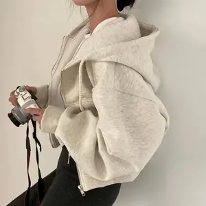 Women’s casual zip-up hoodie, solid color, Harajuku-style long sleeves, oversized cropped fit, loose jacket — GARMENTARY