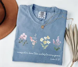Comfort Colors Consider How the Wildflowers Grow Shirt – Luke 12:27 Christian Floral Graphic Tee – Faith Based Minimalist T-Shirt for Women