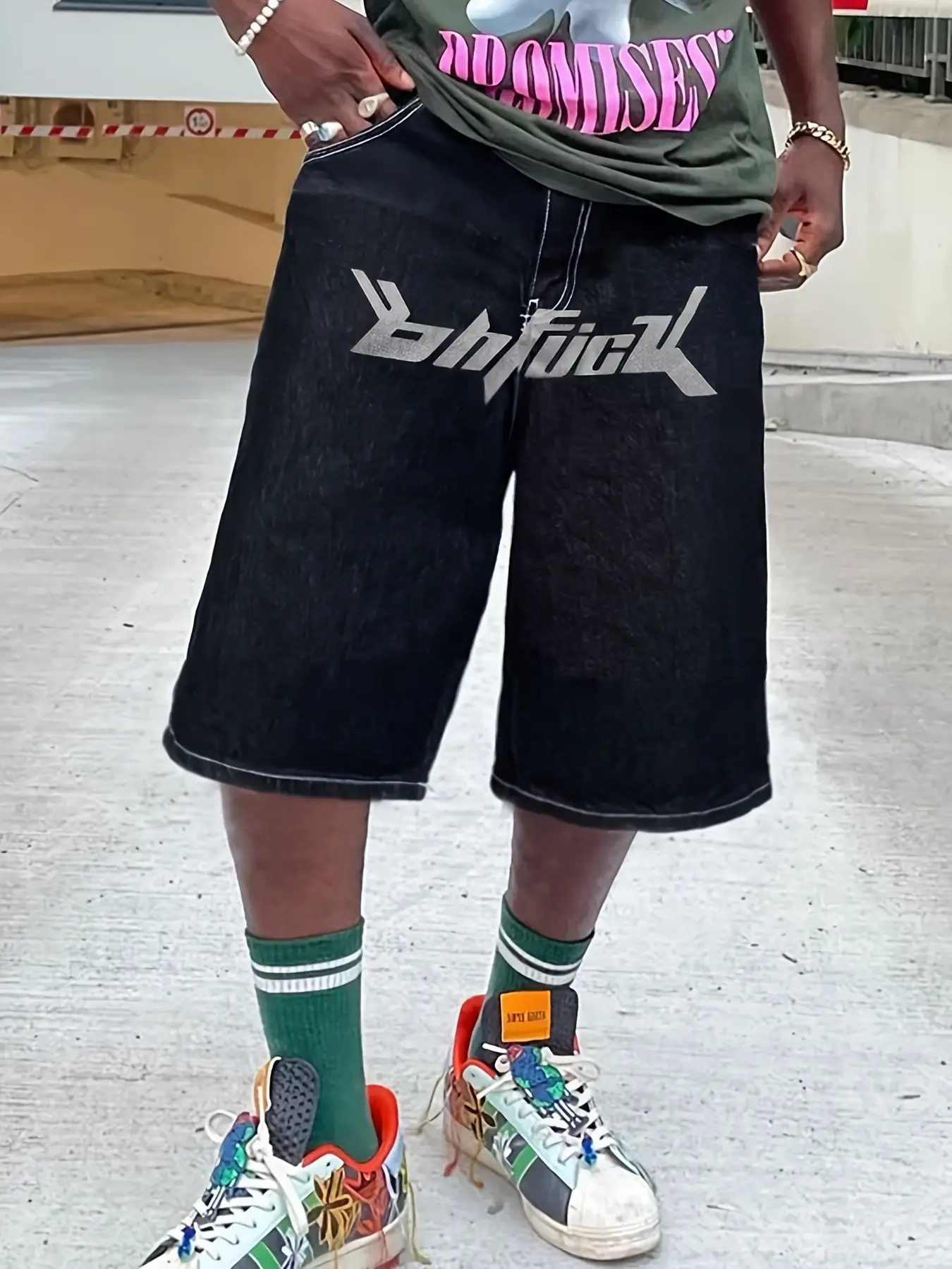 Men's Loose Fit Printed Geometric Denim Shorts, Y2K Design Style, Casual Summer Fashion, Comfortable Jean Short Pants for Daily Wear