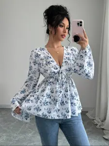 YYTK2025DEC043  Women'S Elegant Floral Print V-Neck Blouse with Bell Sleeves - Light Blue Floral Design, Long Sleeve, Button-Up Front, Polyester, Perfect for Casual or Dressy Outfits, Allseason Top | Vneck Top | Glossy Texture