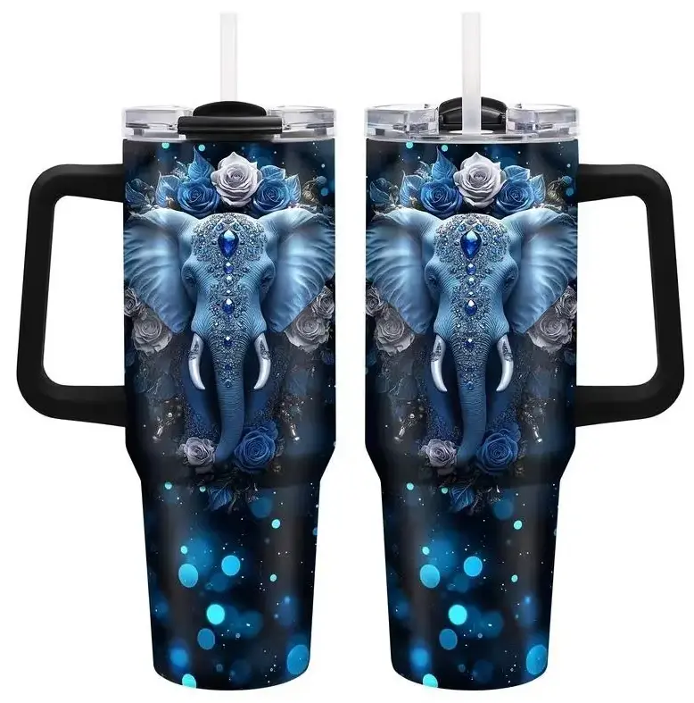 [Gift Box Included] 40oz, 20oz Blue Elephant Floral Luxury Spiritual Aesthetic Print Stainless Steel Tumbler with Handle and Straw Vacuum Insulated Travel Mug Fits Car Cup Holder Cool Gift for Women & Elephant Lovers