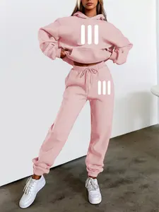 Women's Hooded Sweatshirt Set, Fall & Winter Warm, Fitted, Striped Print, Casual Lazy Style, Clear Gel Printing, Daily Wear