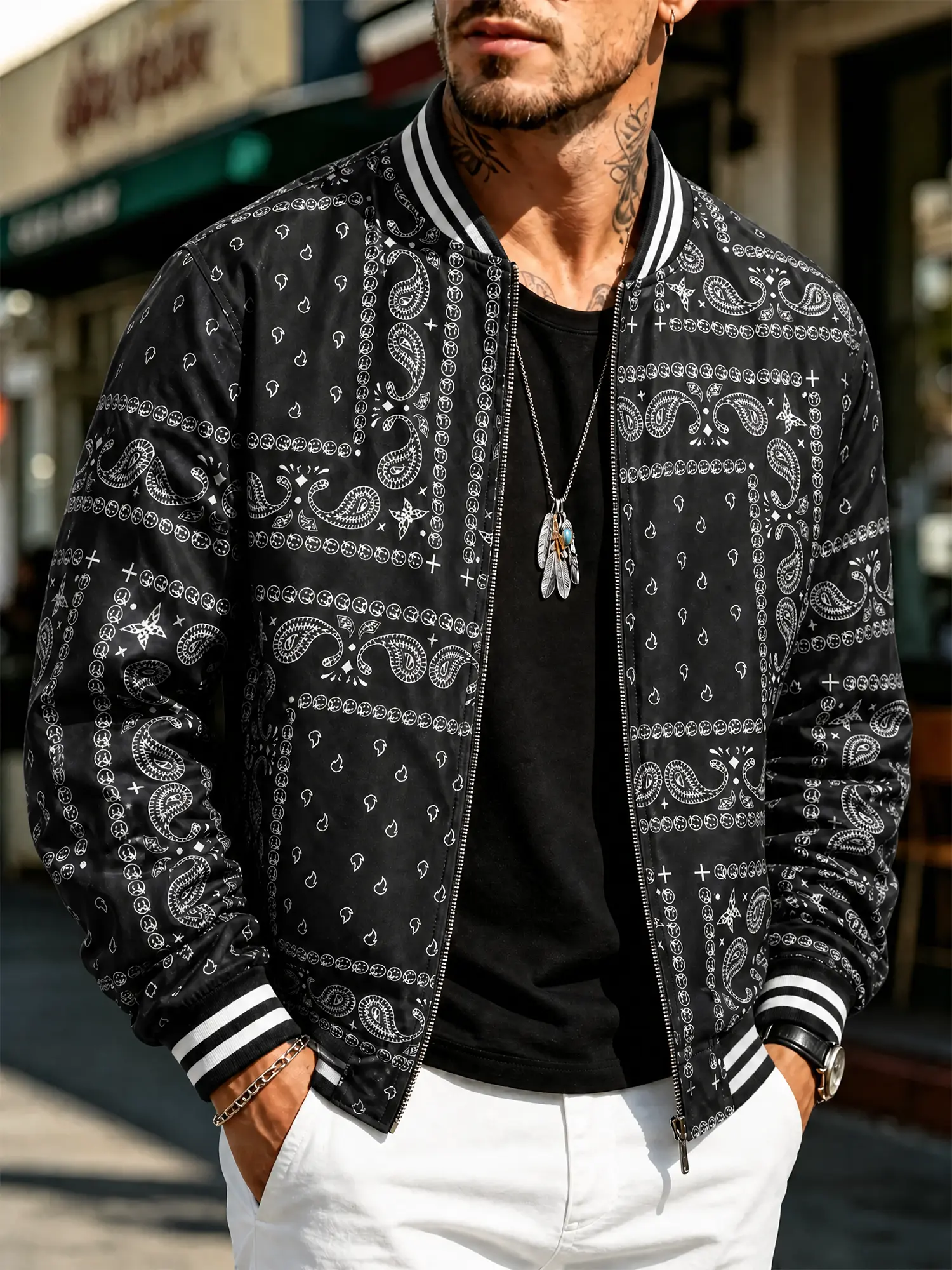Men's Bandana Print Bomber Jacket Streetwear Varsity Jacket Casual Lightweight Zip Up Jacket for Men Graphic Baseball Jacket Long Sleeve Hip Hop Fashion Coat Trendy Outwear for Daily Wear