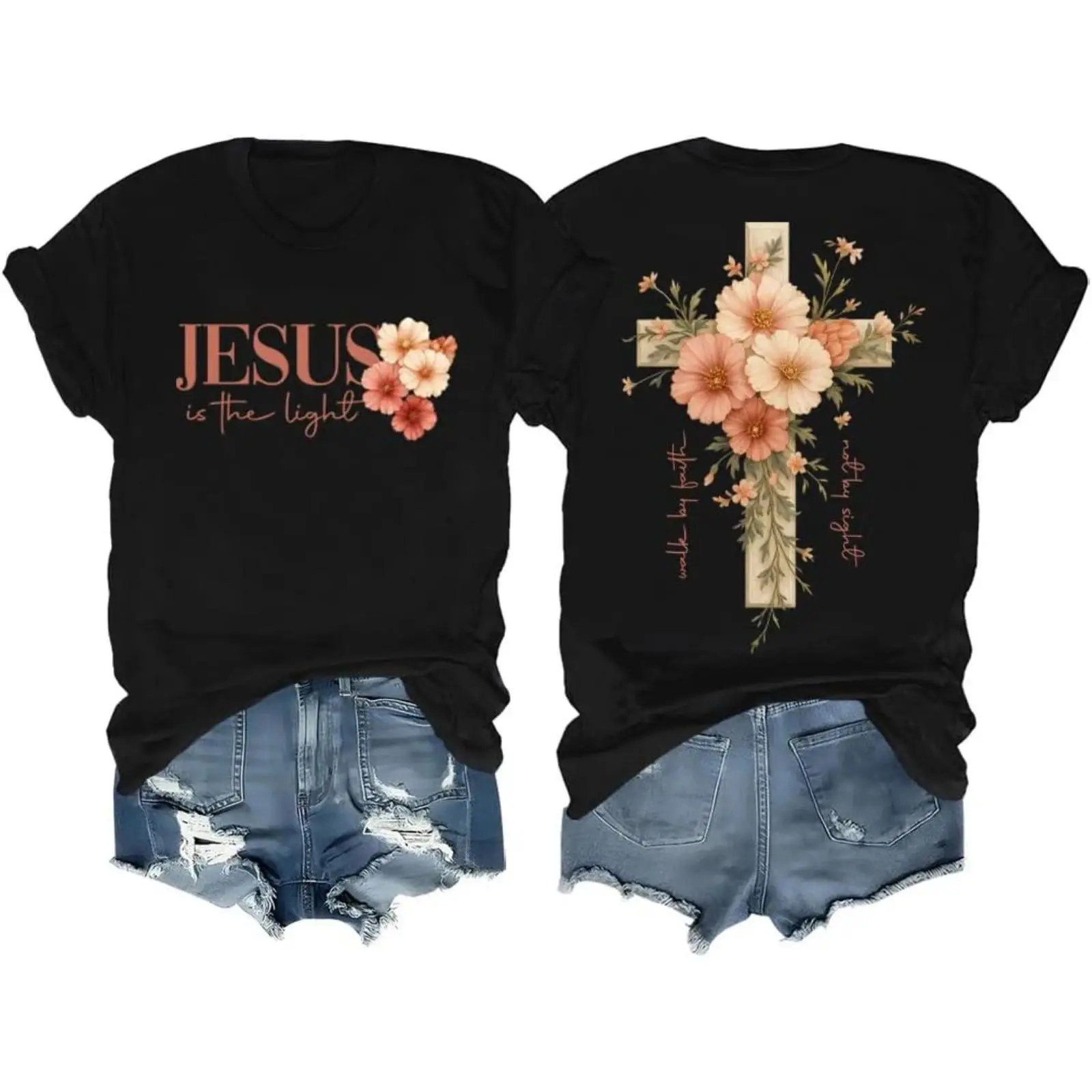 Women's 100% Cotton Short-Sleeve Crew Neck Christian Graphic Tee, Floral Cross Print, Western Vintage Loose Casual Simple Printed Religious Streetwear Top, Inspirational Faith Apparel Gift for Christian Women, Shortsleeve, Unisex, Christian Print