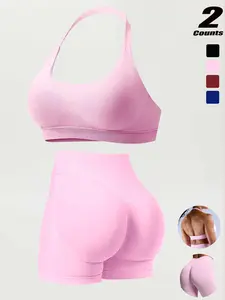 Three-Piece Quick-Dry Running Shorts Set, High Elasticity Ultra-Fine Matte Nylon, Backless Seamless Sports Bra with Removable Pads, Two Piece Set, Backless Gym Clothes