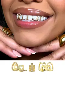 3pcs Hollow Heart & Water Drop Design Copper Grillz Teeth Caps, 14k Gold Plated Micro Inlaid Zircon, Hip Hop Style Jewelry for Women