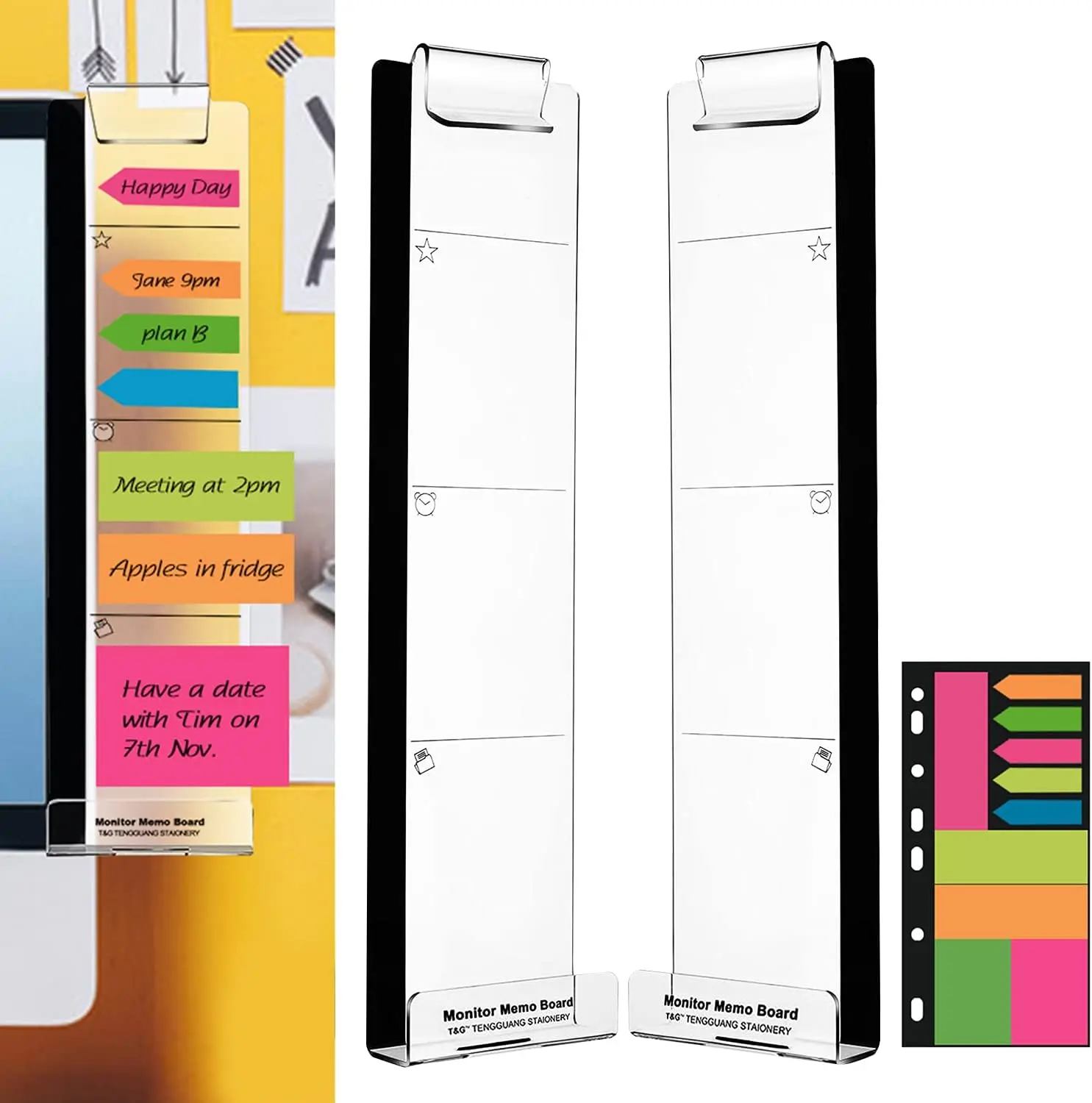 Transparent Acrylic 2-Panel Left-Right Desk Mount Monitor Memo Board Set, Multifunctional Stationery, Office Stationery Supplies, Desktop Organizer with Polygonal Pads, Multi-Area Side Panels, Phone Holder, 3M Sticker, 500g Max Capacity for Office Use