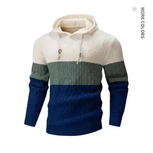 Men’s color-block hooded crewneck knitted pullover sweater — autumn/winter essential with woven texture; comfortable, warm, casual for everyday wear; unisex knitwear; soft classic fabric; FallFreshness