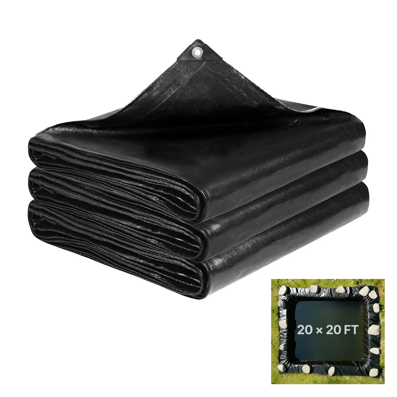 VEVOR 20x20 ft 14 Mil (0.36 mm) 3-Layer Reinforced PE Waterproof Koi Liner, Hemmed Edge, 4 Metal Buttonholes, Black Outdoor Liner for Outdoor Ponds, Pond Ecosystems, Water Gardens