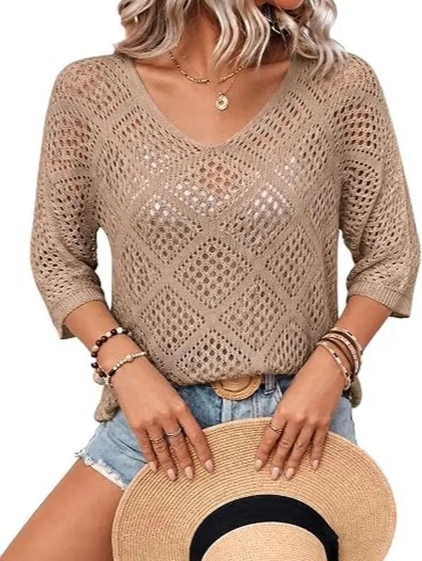 EMMIOL 3/4 Sleeve Crochet Tops for Women Hollow Out Pullover | Cover ups Knit Sweaters Beach Cruise Outfits Loose Fit,Casual Daily Wear