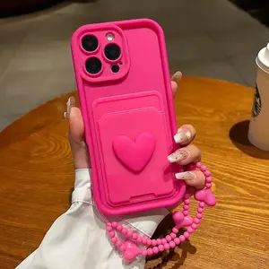 Heart Pattern Phone Case with Card Holder & Wristband, Anti-drop Cellphone Protective Case, Shockproof Mobile Phone Cover for iPhone, Casing, Phone Accessory