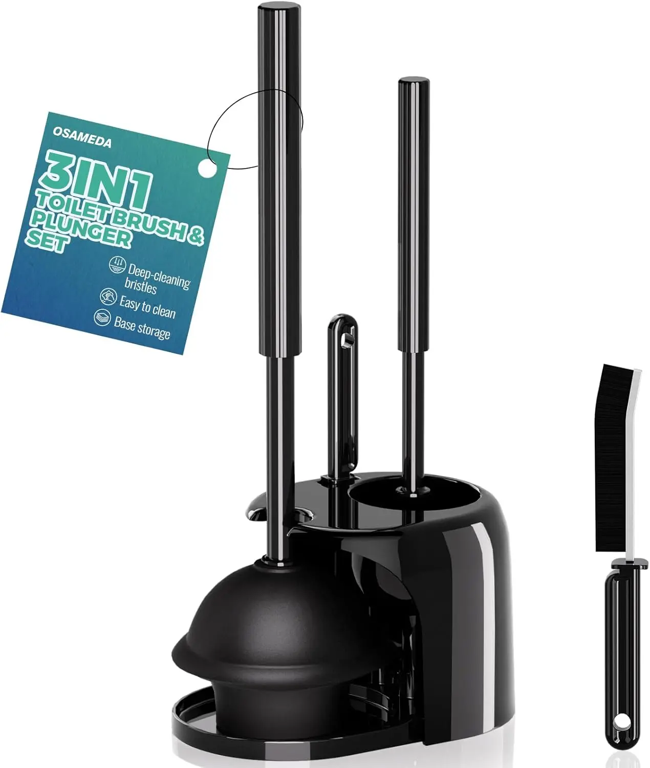 Black 3-in-1 Bathroom Necessities Kit - Toilet Unclogging Tool Plunger with Holder, Extra-Long Handle Crevice Cleaning Brush, Modern Home Accessory for Thorough Cleaning, Decor-Matching Organizer