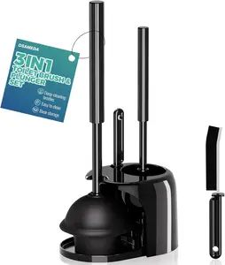 Black 3-in-1 Bathroom Toilet Plunger & Brush Set with Crevice Cleaner, Extra-Long Handle, and Holder - Home Bathroom Cleaning and Organizing Accessory